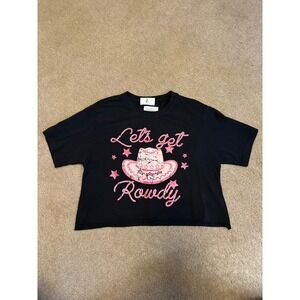 Zutter USA Lets Get Rowdy Cropped Graphic Tee Black Pink Cowboy Hat Small